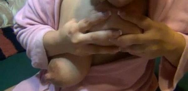  Lactating Mom Pink Bathrobe Sucks On Her Huge Milky Tits